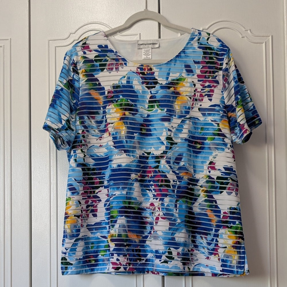 Cathy Daniels Sunlit Yellow and White With Floral Patterns Blouse Sz XL